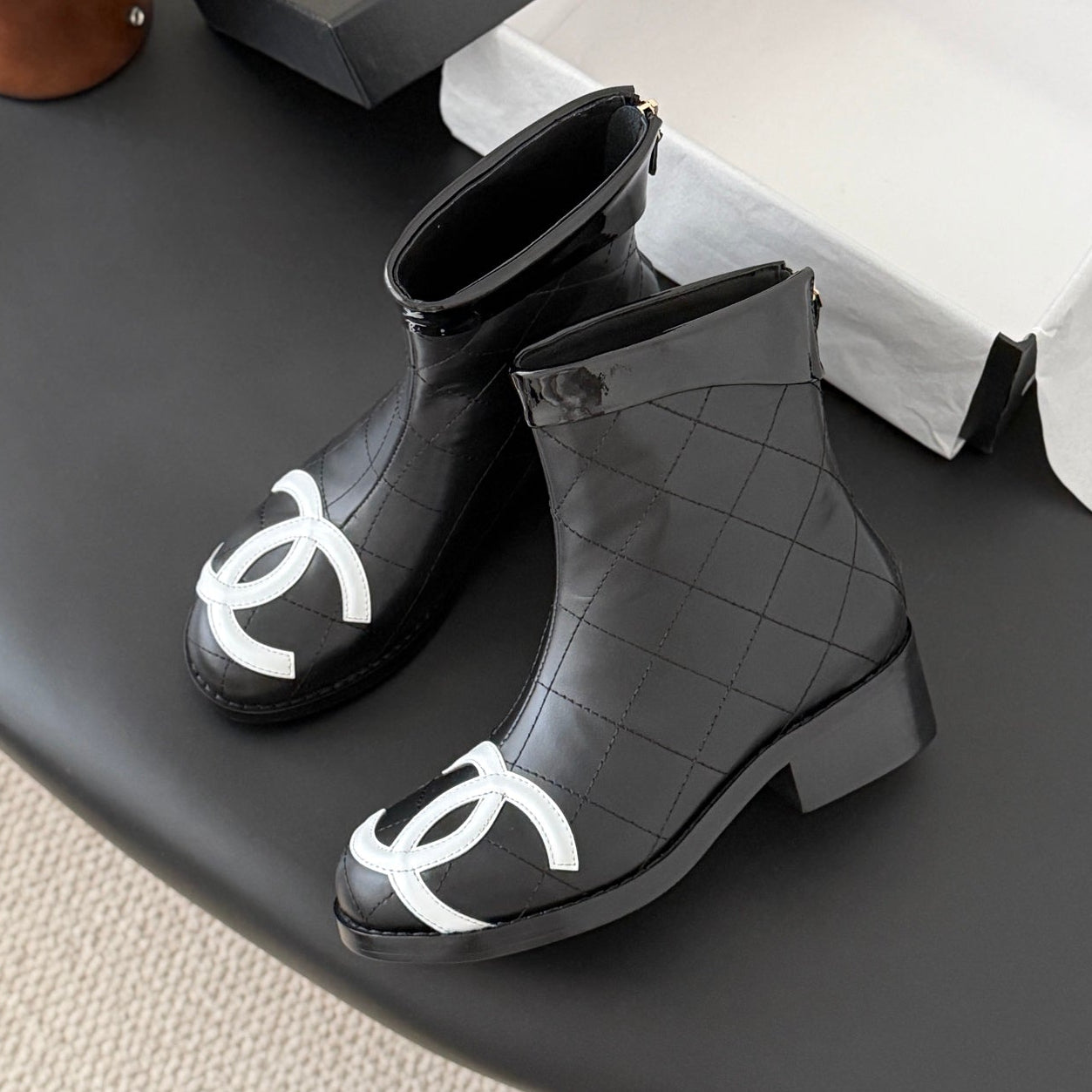 CC Cambon Mid-Calf Short Boots Black White Cowhide 550634 | Studio Nafay