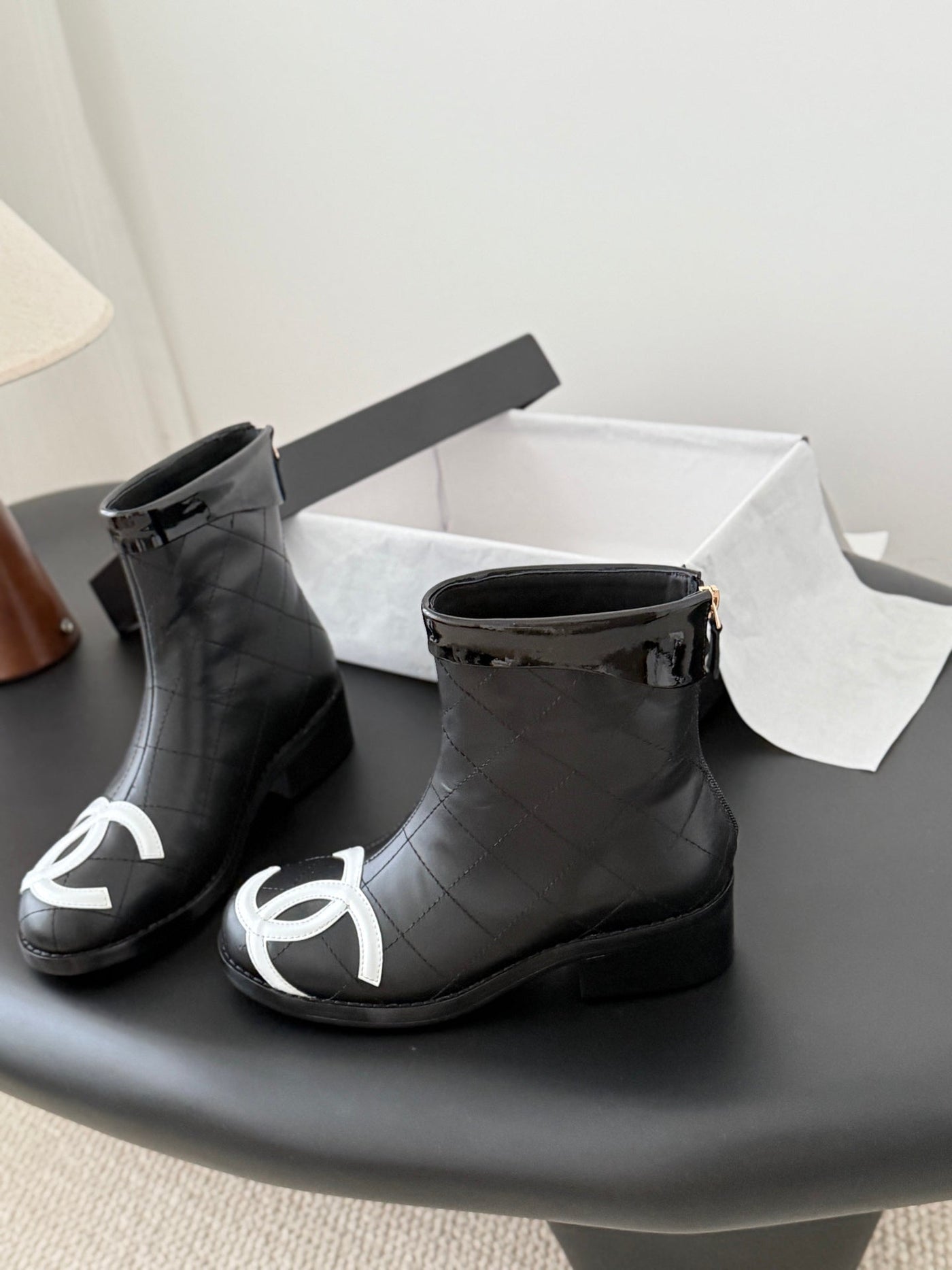 CC Cambon Mid-Calf Short Boots Black White Cowhide 550634 - Product Image 7