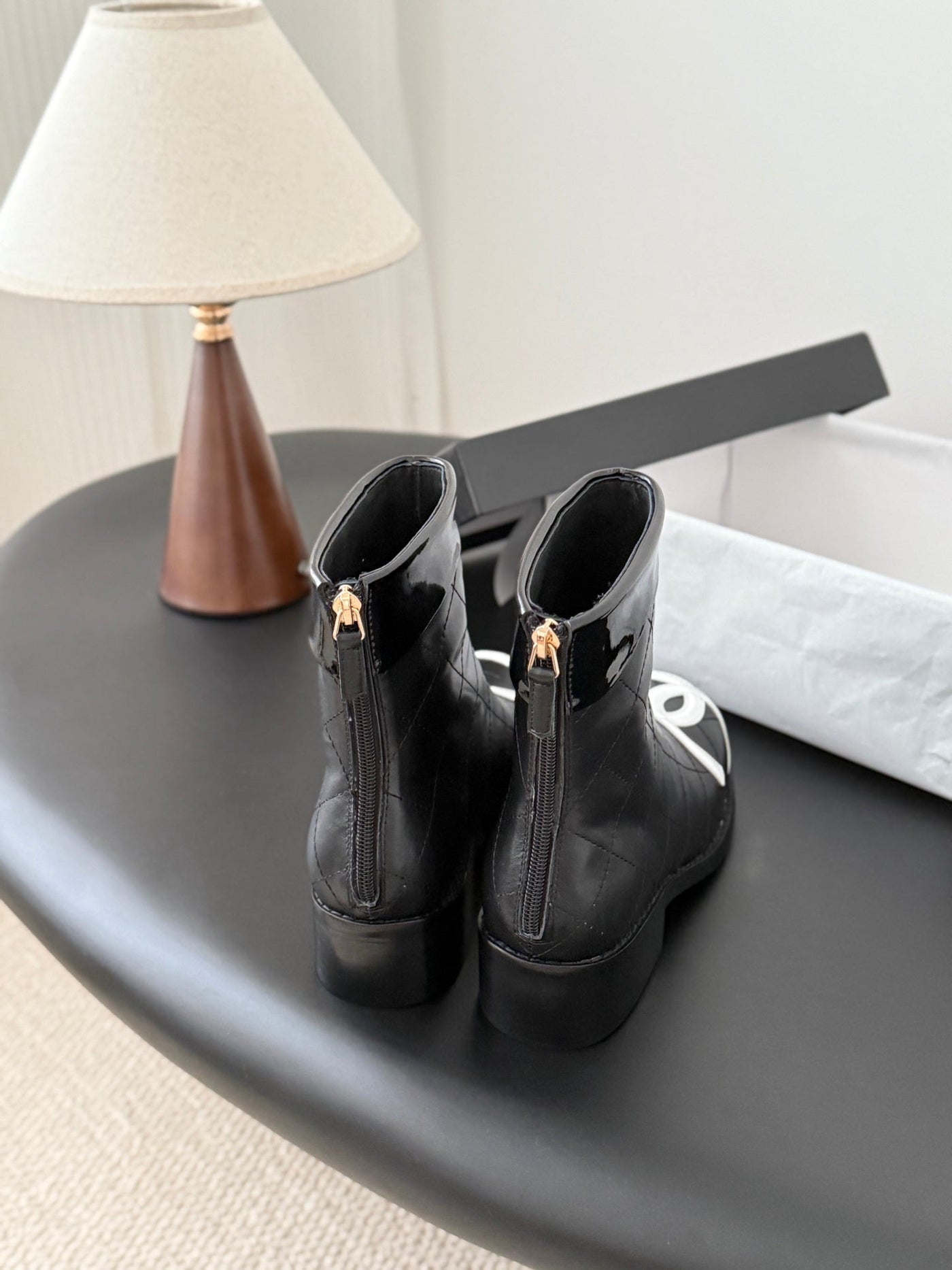 CC Cambon Mid-Calf Short Boots Black White Cowhide 550634 - Product Image 9