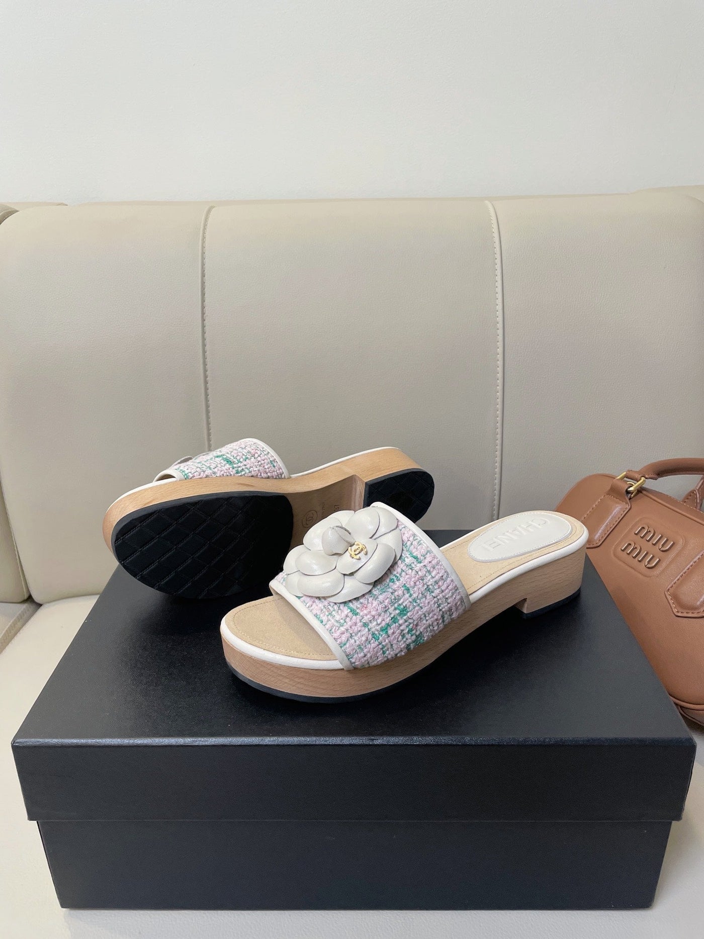 cc mule sandal 45 pink blue fabric beige calfskin - Product Image 8