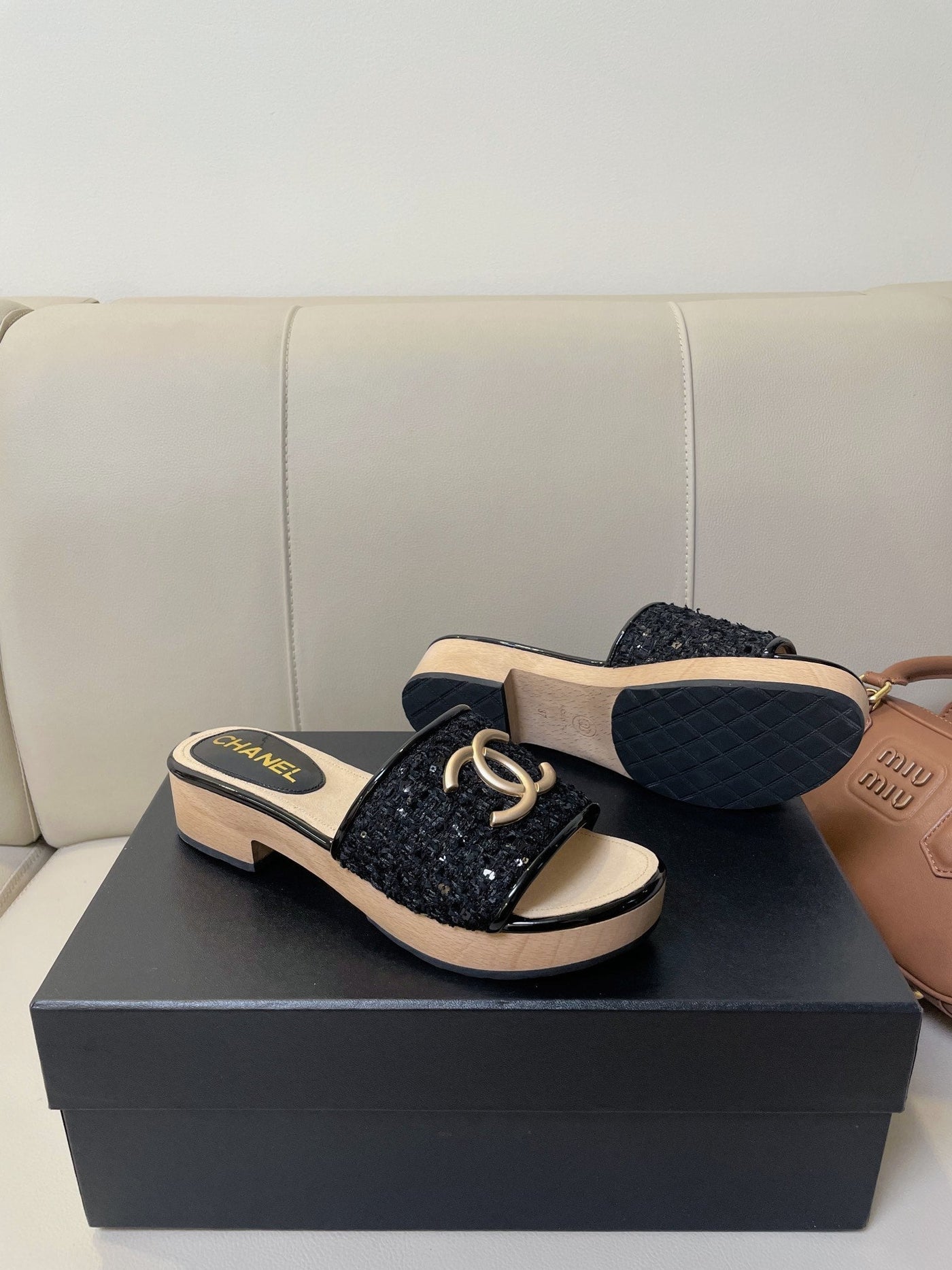 cc mule sandal 45 black tweed beige calfskin - Product Image 2
