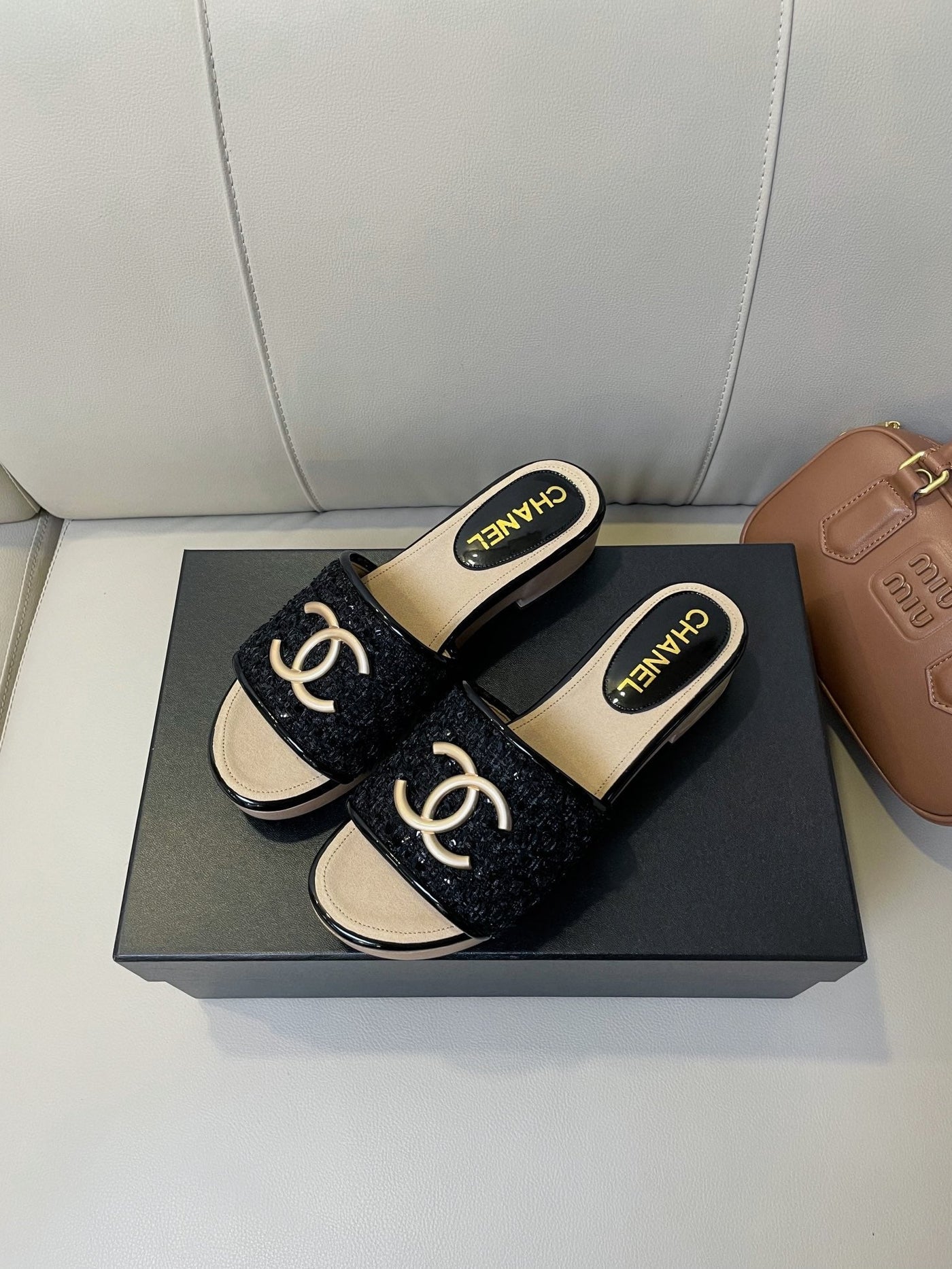 cc mule sandal 45 black tweed beige calfskin - Product Image 9