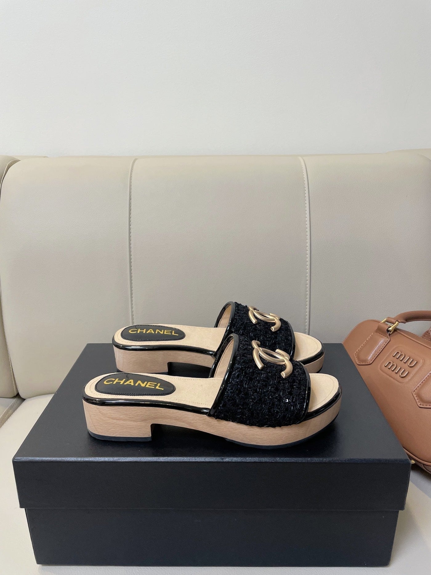 cc mule sandal 45 black tweed beige calfskin - Product Image 5