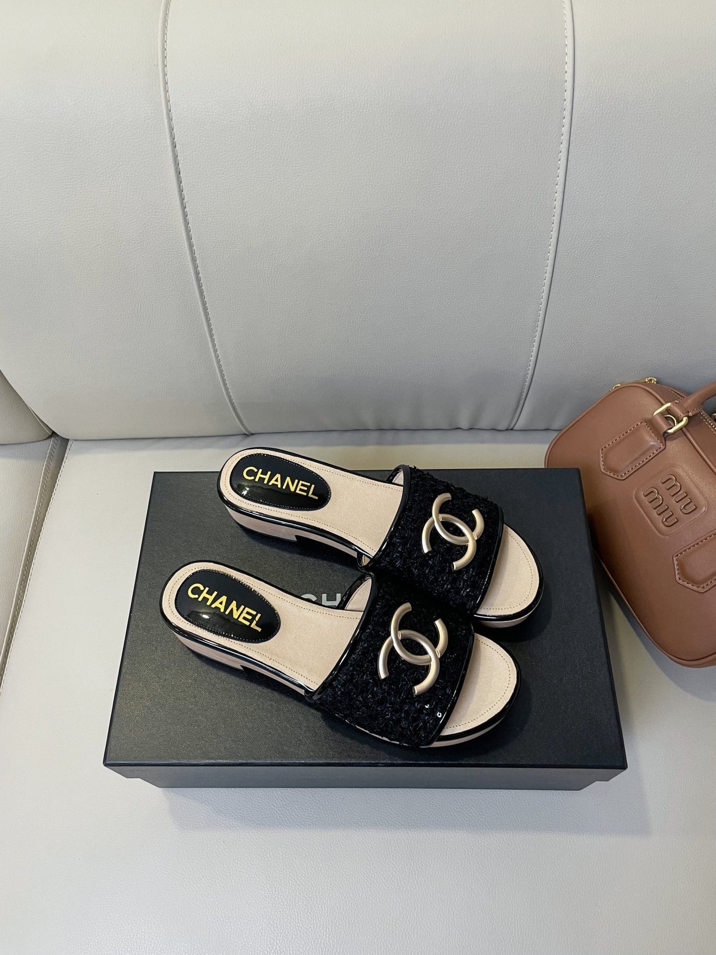 cc mule sandal 45 black tweed beige calfskin - Product Image 7