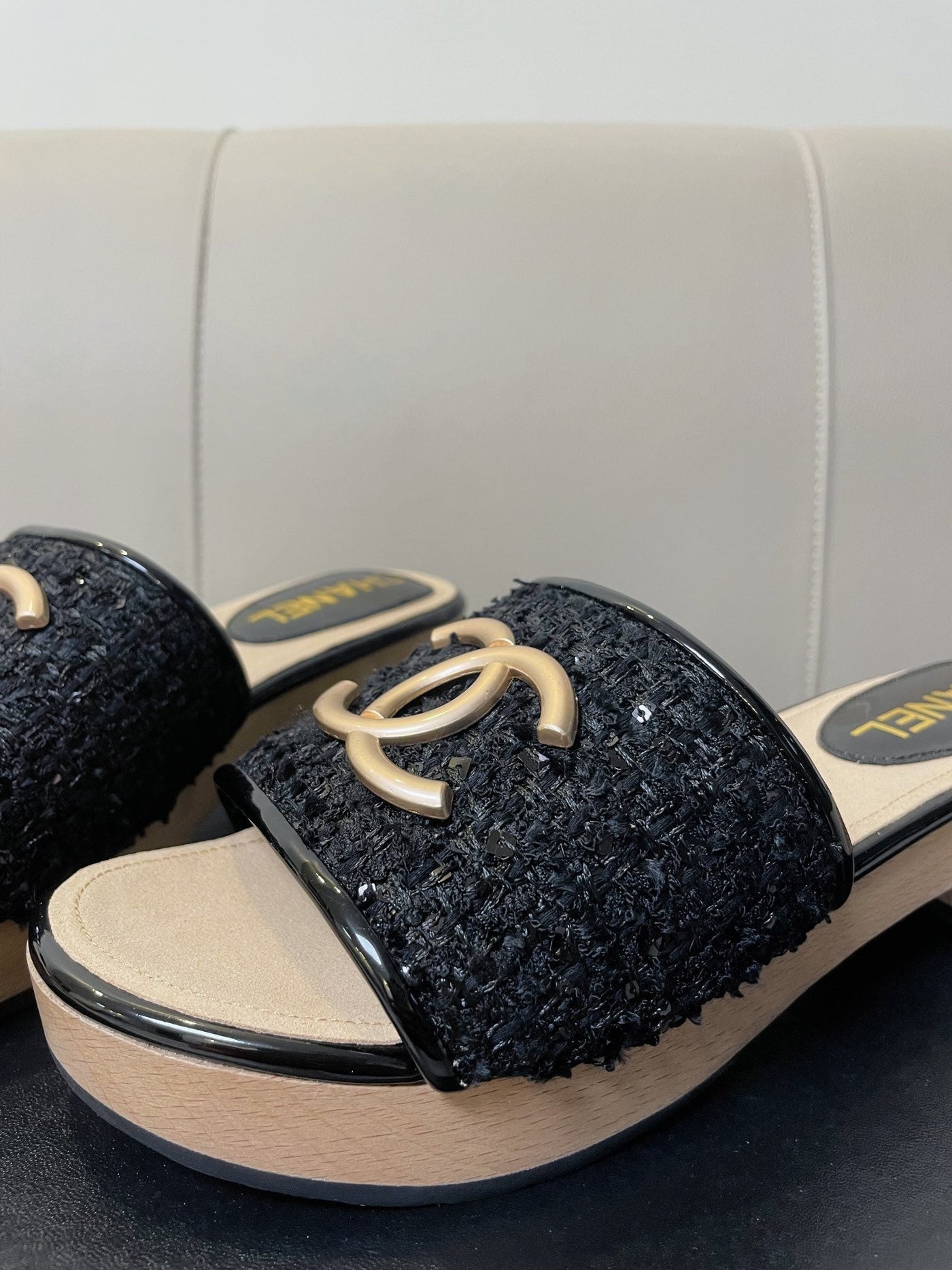 cc mule sandal 45 black tweed beige calfskin - Product Image 8