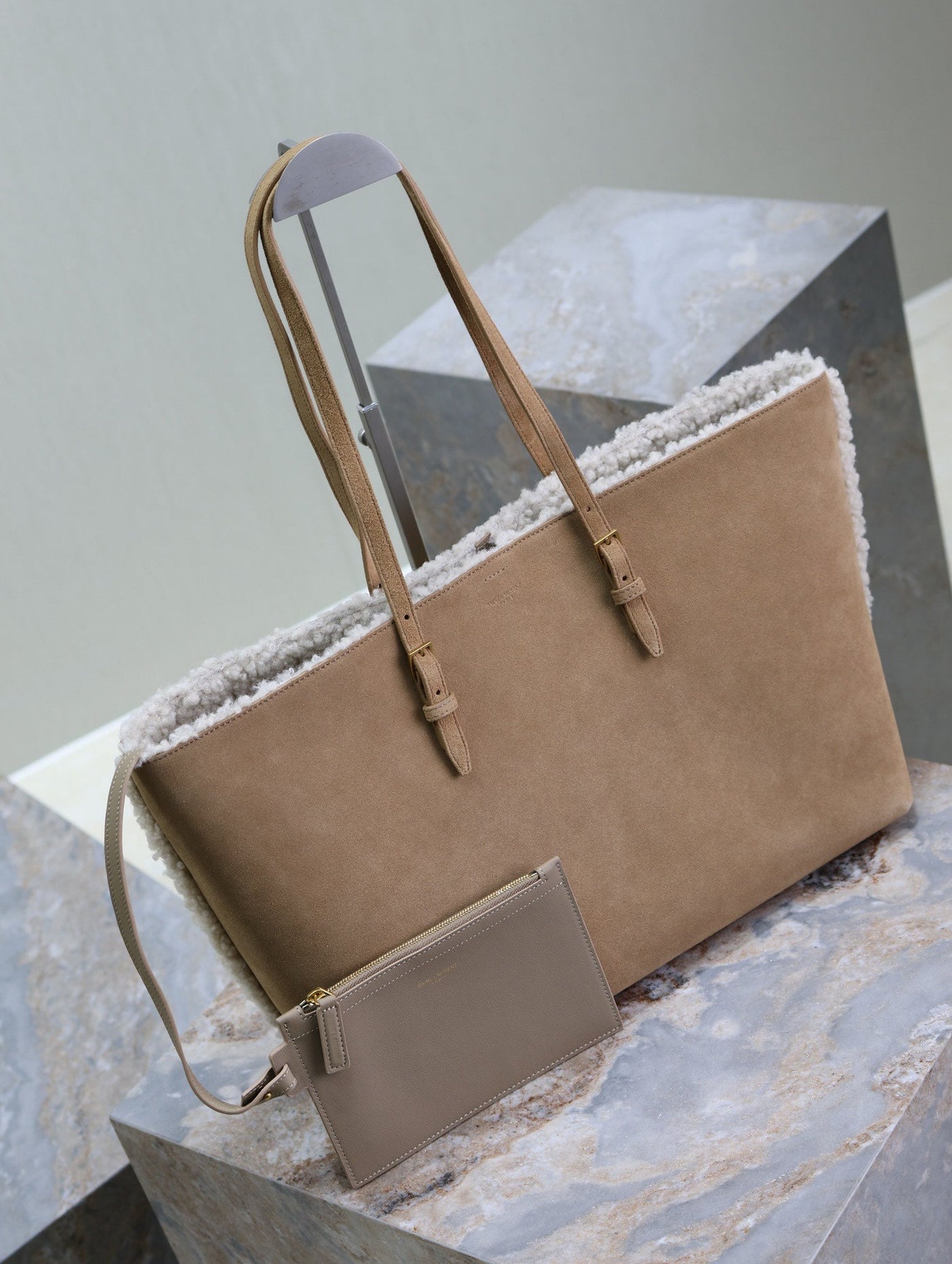 SHOPPING TOTE BAG 38 IN TAN BROWN SUEDE AND WHITE SHEARLING TRIM - Product Image 3