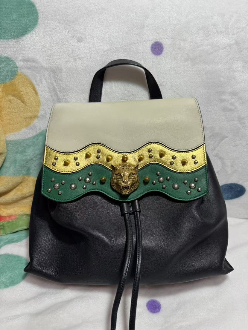 Gucci Lion Head Leather Cream and Black Backpack | Studio Nafay