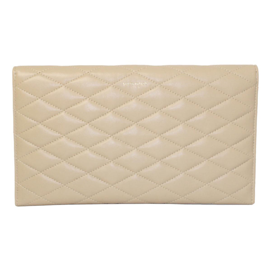 Saint Laurent Sade Logo Beige Leather Quilted Pouch Clutch Bag | Studio Nafay