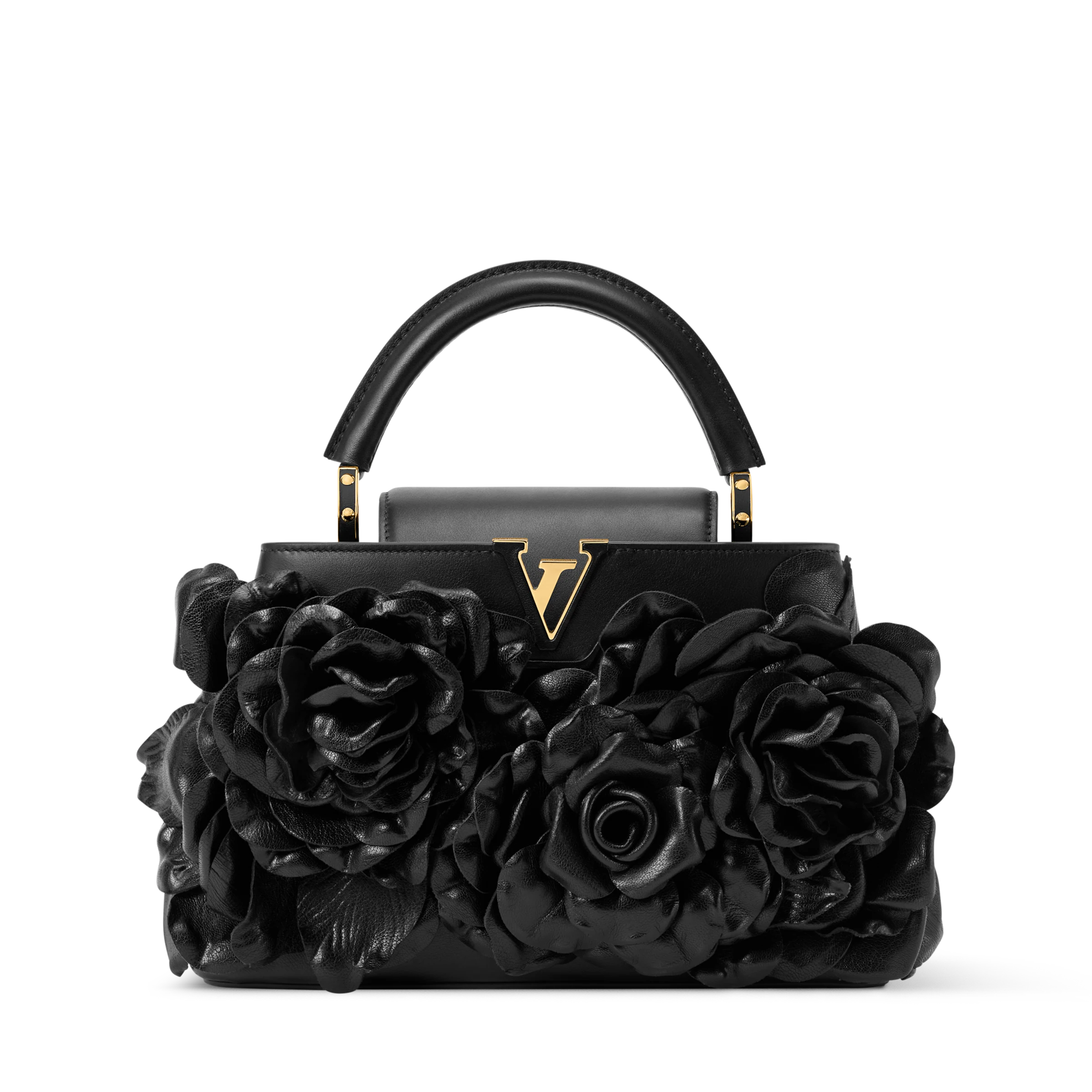 Black floral top handle bag